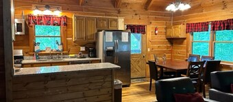 Large Log home, private pond with dock, canoe, pool table, hot tub & internet.