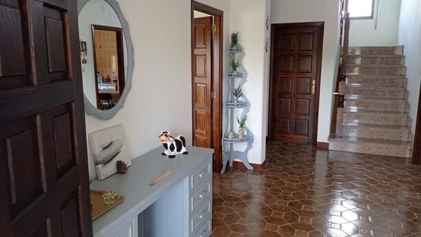 Un couloir avec une porte en bois, une console grise ornée d’une figurine de vache, un miroir et un escalier dont le sol est recouvert de granit.