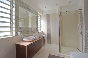 Shower, jetted tub, hair dryer, bidet