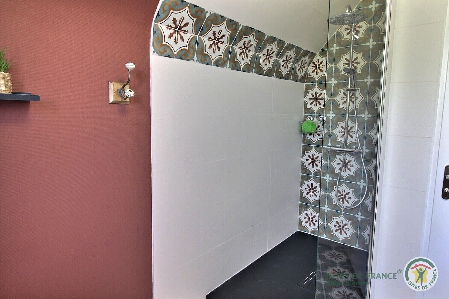 Een badkamer met een rode wand, witte tegels en een douchegedeelte met patroon tegels.