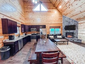 Fridge, microwave, oven, stovetop - Indoor Private Pool Cabin Near Dollywood, Sleeps 12, Game Loft, Hot Tub, 10/10 (Sevierville)