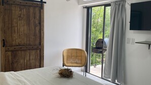 A bedroom with a bed, a wicker chair, a sliding door, a TV, and a window with curtains. - Mitre "The indulgent Experience" (Mendoza)