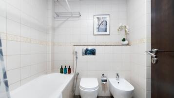 Baignoire, sèche-cheveux, serviettes fournies, savon