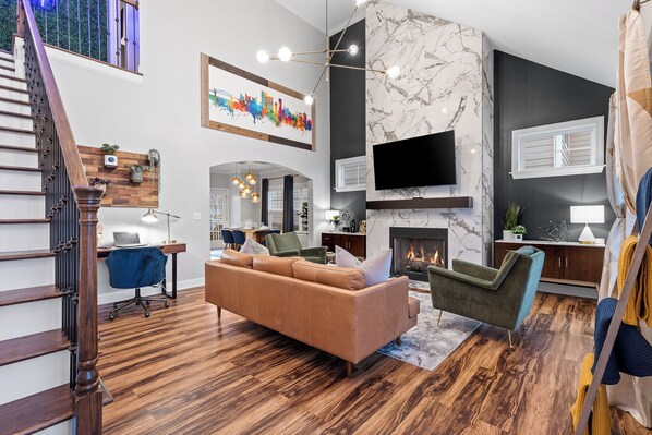Smart TV, fireplace, video games, offices