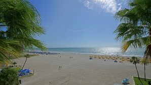 Uma praia com palmeiras, espreguiçadeiras e guarda-sóis.