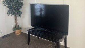 A living room with a flat-screen TV on a stand, a ceiling fan, a wall-mounted fish decoration, and a potted plant.