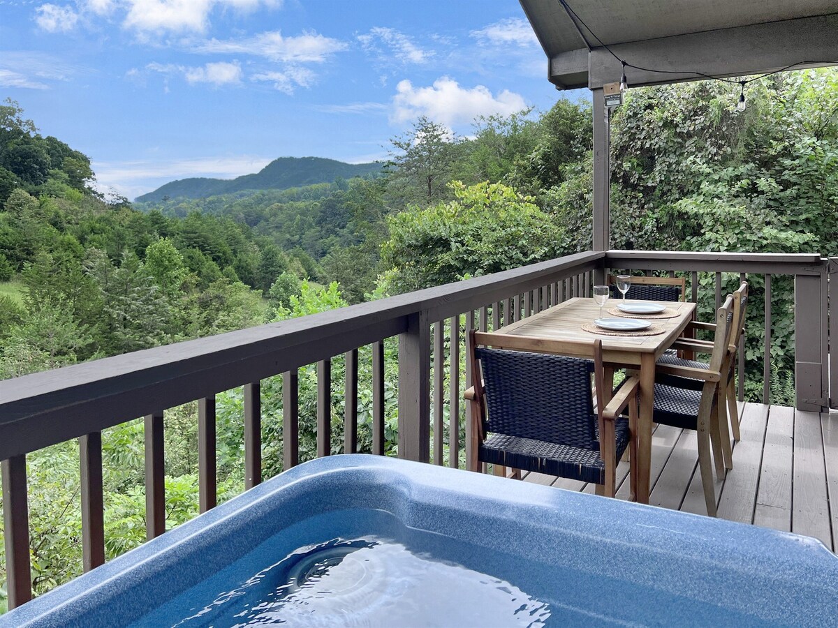 Mountain View! Dollywood 1 mi! Hot Tub, Fire Pit, King Suites, Arcade, Dogs OK!