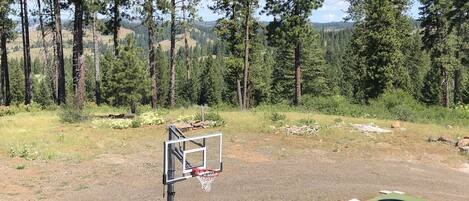 Una cancha de baloncesto al aire libre con aro metálico, rodeada de zona boscosa y paisaje montañoso al fondo.