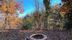 A circular stone fire pit surrounded by dry leaves in a wooded area.