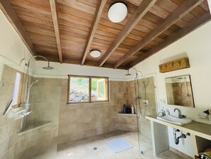 Shower, hair dryer, towels, soap