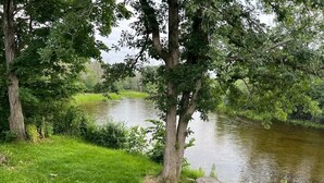 A riverside scene with a bench and trees. - Welcome to Blueberry Cottage, a peaceful Oasis (Mississippi Mills)