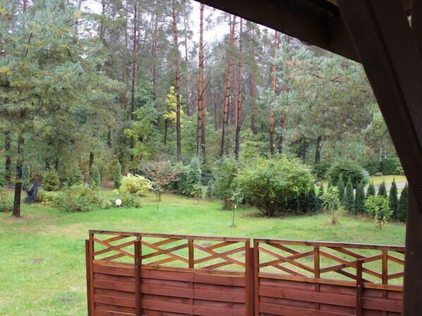 A view of a forested area with a wooden fence in the foreground.