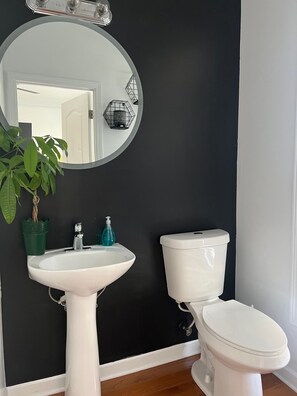 Combined shower/bathtub, hair dryer, towels, soap - Steele Creek Modern Lux 1 bed 1.5 bath townhome (Charlotte)