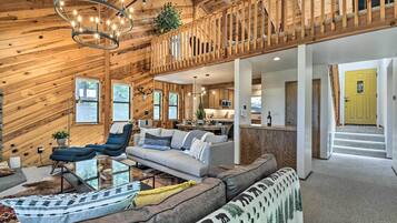 TV, fireplace, video game console, books
