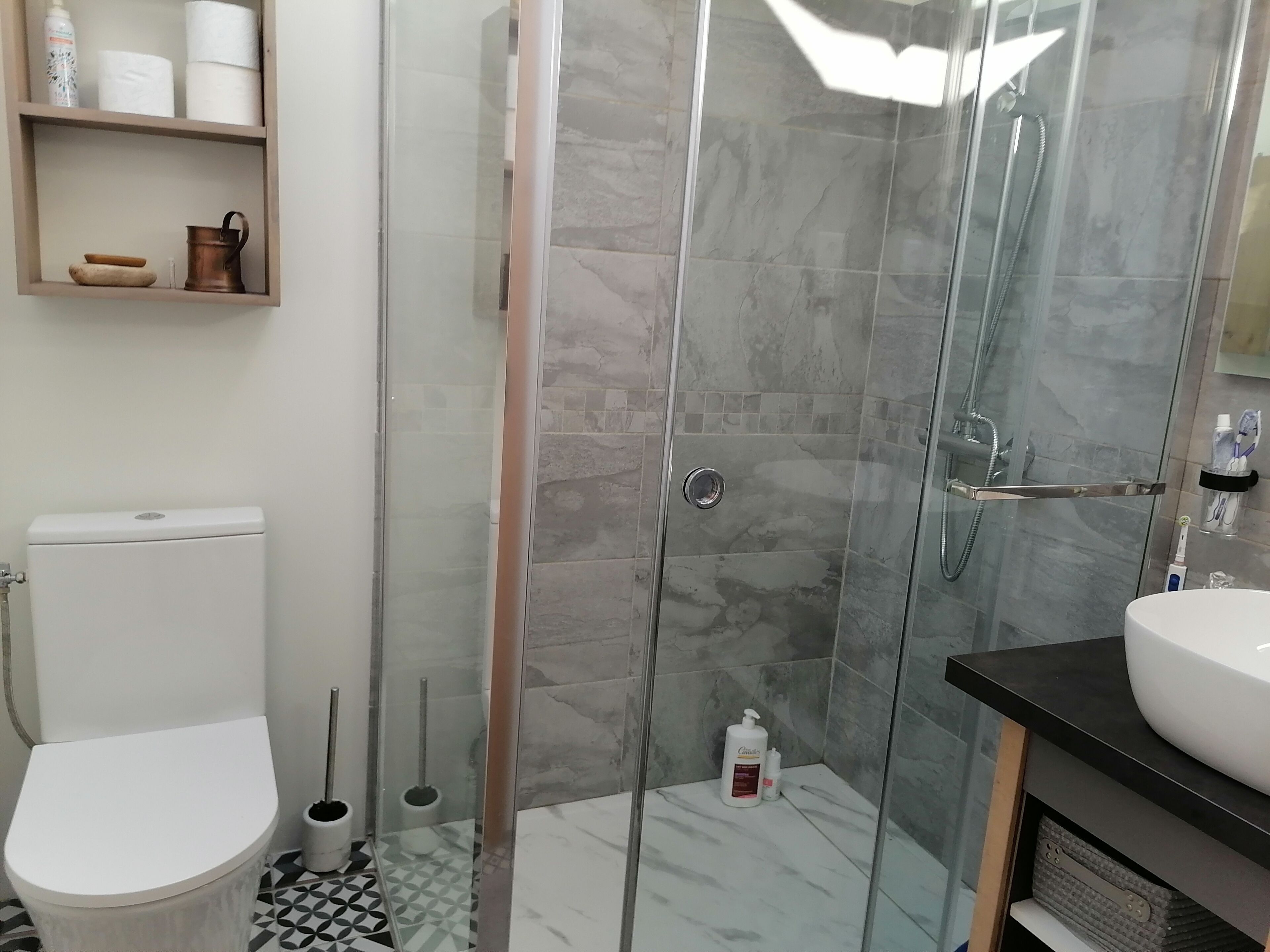 A bathroom with a glass-enclosed shower, a toilet, a sink, and a shelf with toiletries.