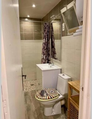 Dusche, Haartrockner, Handtücher, Toilettenpapier