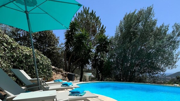 Un espace aménagé au bord de la piscine, avec des chaises longues et un grand parasol.
