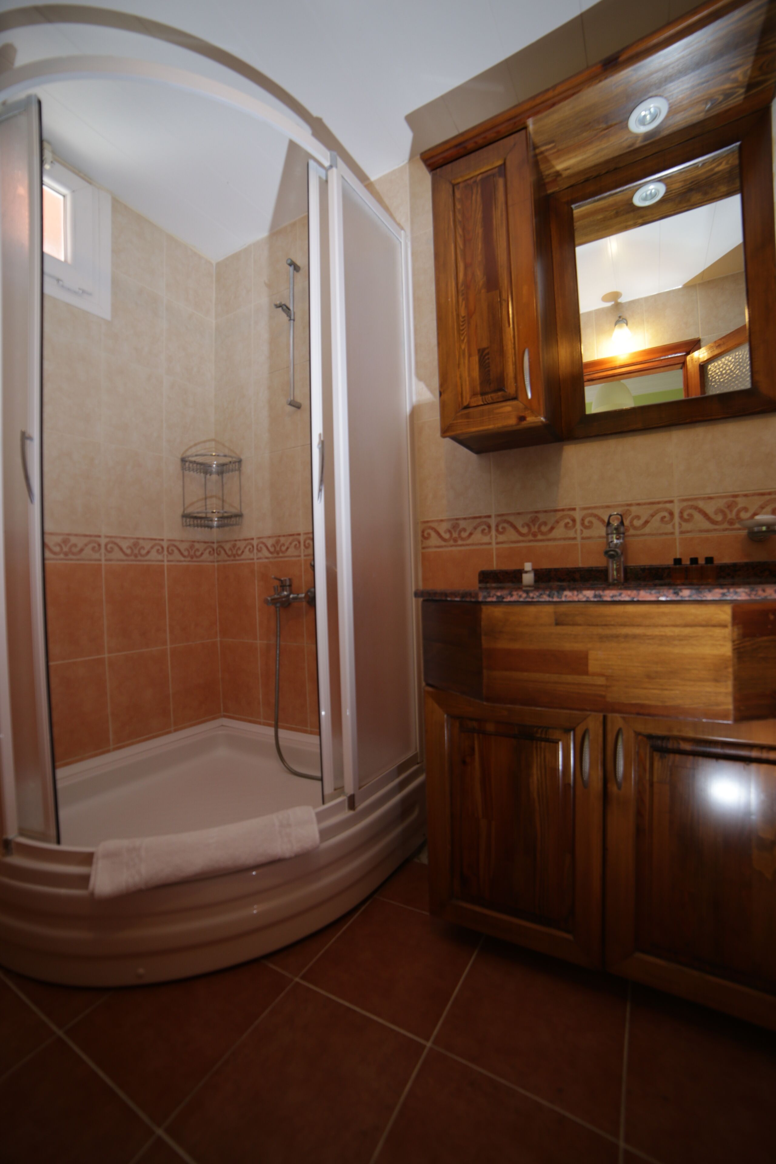 A bathroom with a shower, vanity, and mirror.