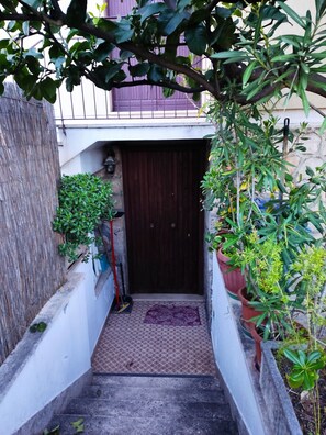 Une entrée étroite avec une porte en bois, une petite marche menant à l’intérieur et des plantes en pot de chaque côté.