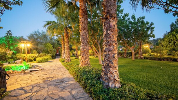A stone pathway leading through a well-maintained garden with palm trees and greenery. - HAYITBÜKÜ AHŞAPEVLERİ (Datça)