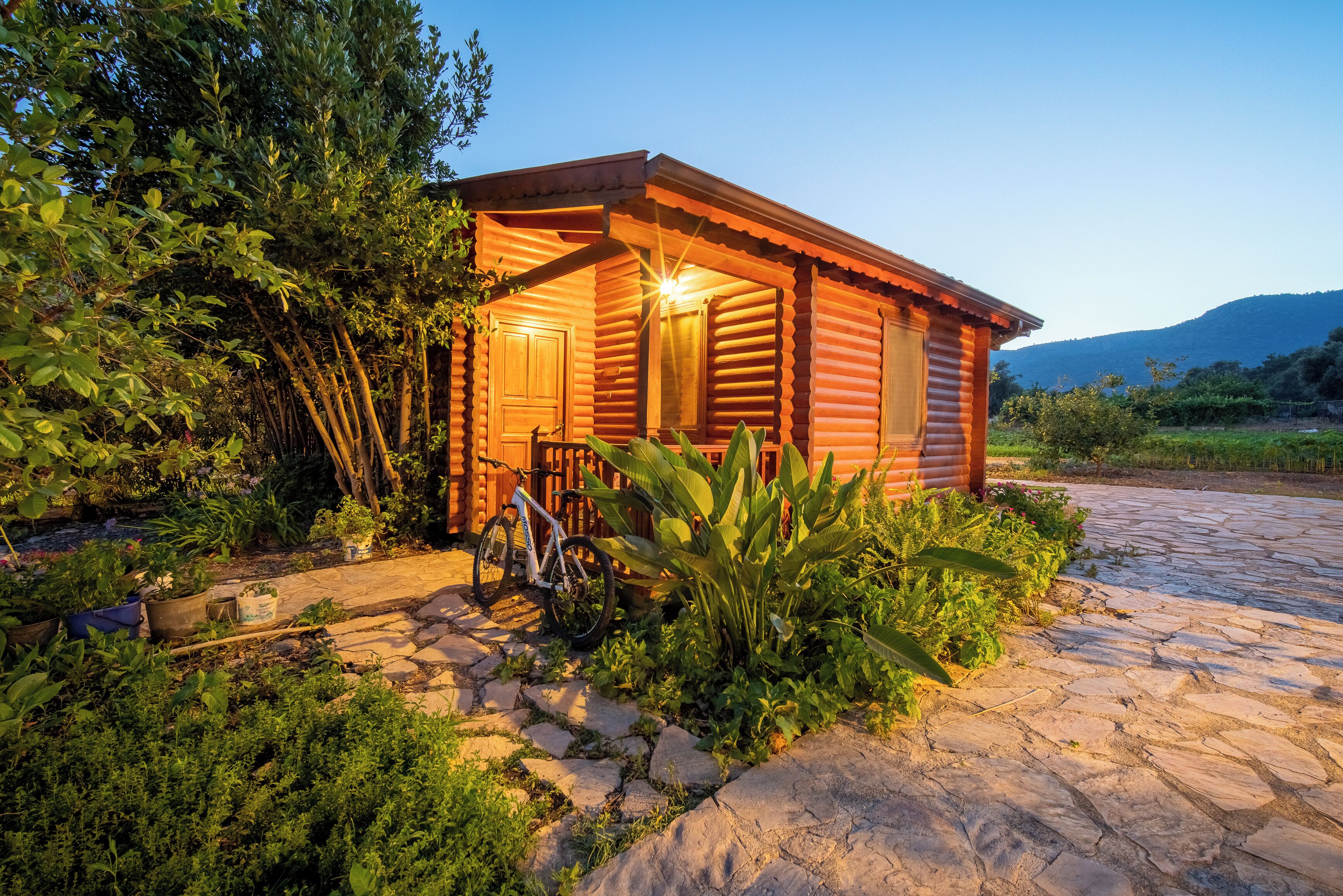 A wooden cabin with a stone pathway leading to it, surrounded by lush greenery.