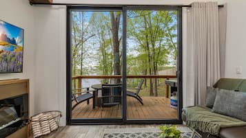 Smart TV, fireplace, books