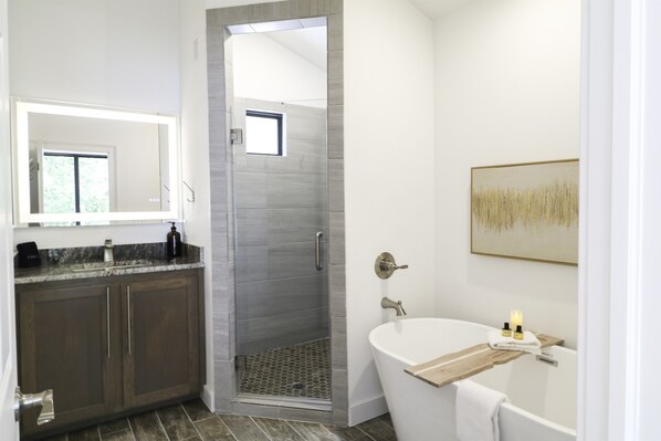 A modern bathroom with a shower, a bathtub, and a vanity with a mirror.