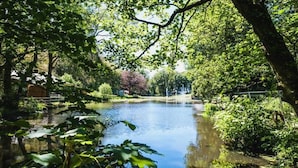 A serene pond surrounded by lush greenery and trees. - 15 'diya' Bell Tent Glamping Anglesey (Holyhead)