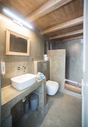 Shower, hair dryer, towels, shampoo