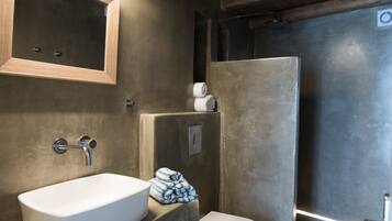 Shower, hair dryer, towels, shampoo