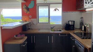 A kitchen with a view of the ocean, a window with a bird decoration, and a sink. - L'Oiseau Bleu - 1bed - 4p - Sea view - Beach 600m (Les Trois-Îlets)