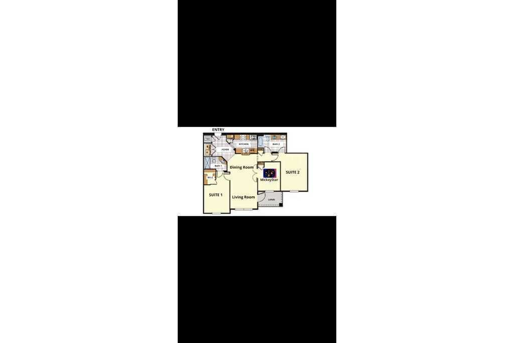 A hotel layout with two suites, a dining room, and a living room.