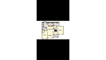 A hotel layout with two suites, a dining room, and a living room.
