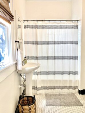 Duschwanne, Haartrockner, Seife, Toilettenpapier