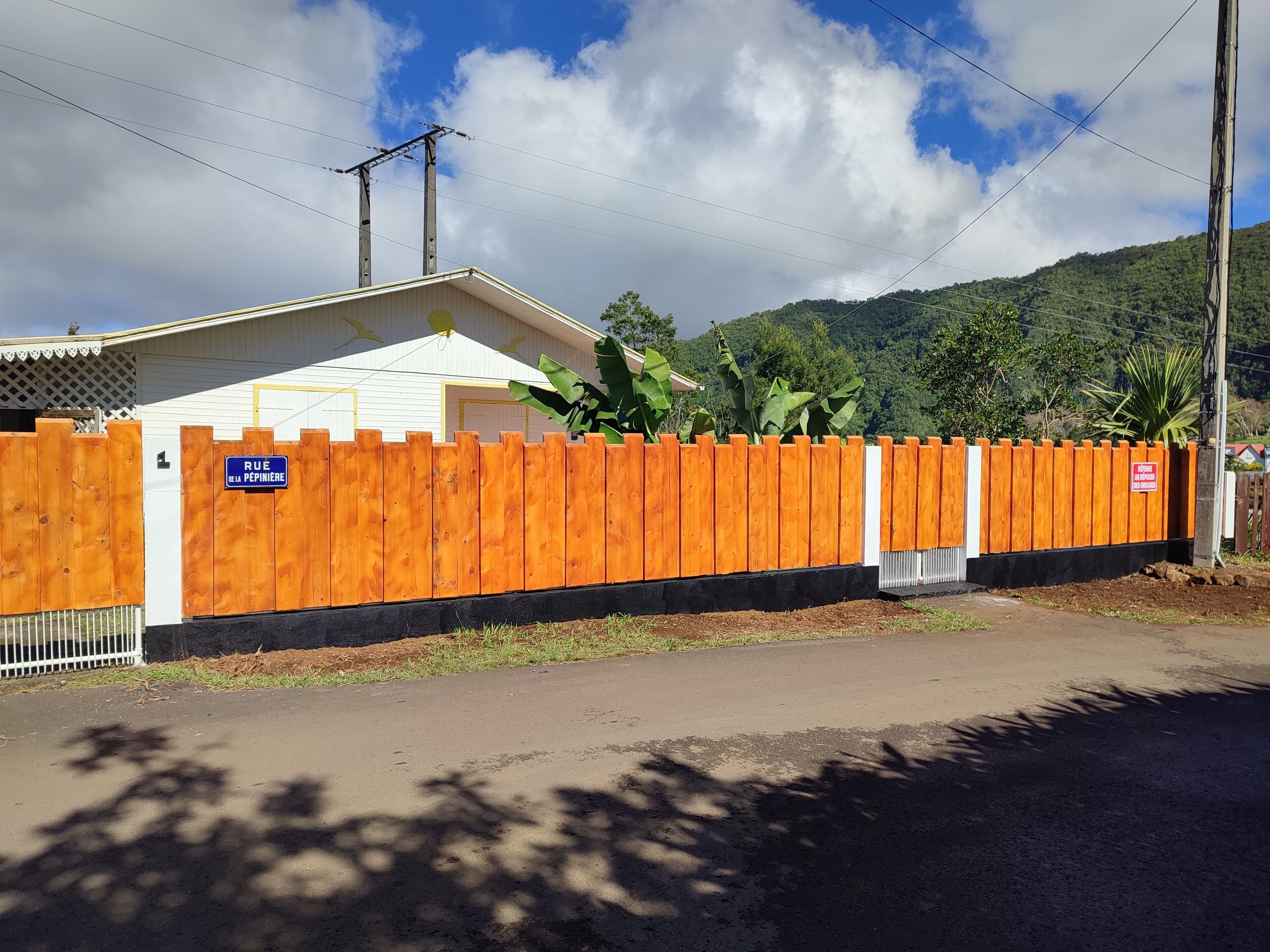 A fenced property with a sign reading 'RUE DE LA PEPINIERE.'