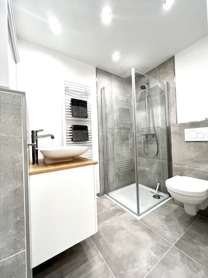 Douche, sèche-cheveux, serviettes fournies, papier toilette