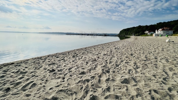 A beach with a calm sea, a pier, and a house with a garden.