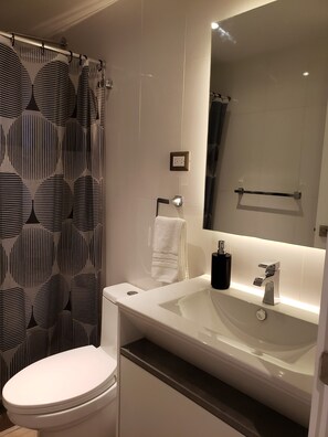 Shower, towels, toilet paper