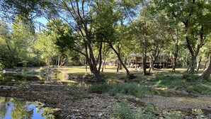 A serene lakeside setting with a wooden cabin and a deck, surrounded by lush greenery and trees. - Relax on the Caddo (Caddo Gap)