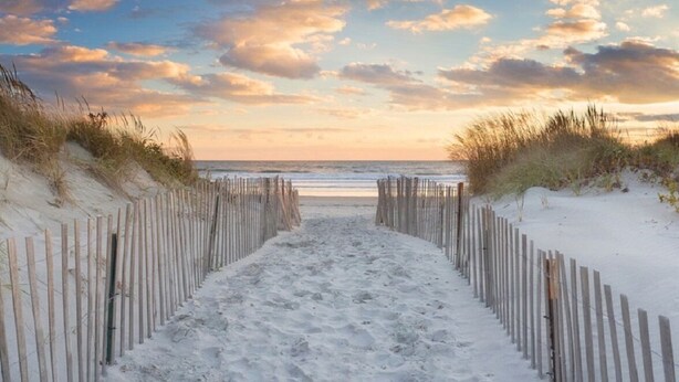 Un sentier de sable qui longe la plage et mène à l’océan, bordé de clôtures en bois.