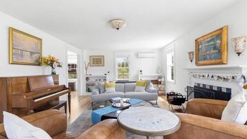 Smart TV, fireplace, books