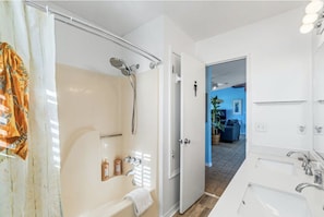 Combined shower/tub, hair dryer, towels, soap
