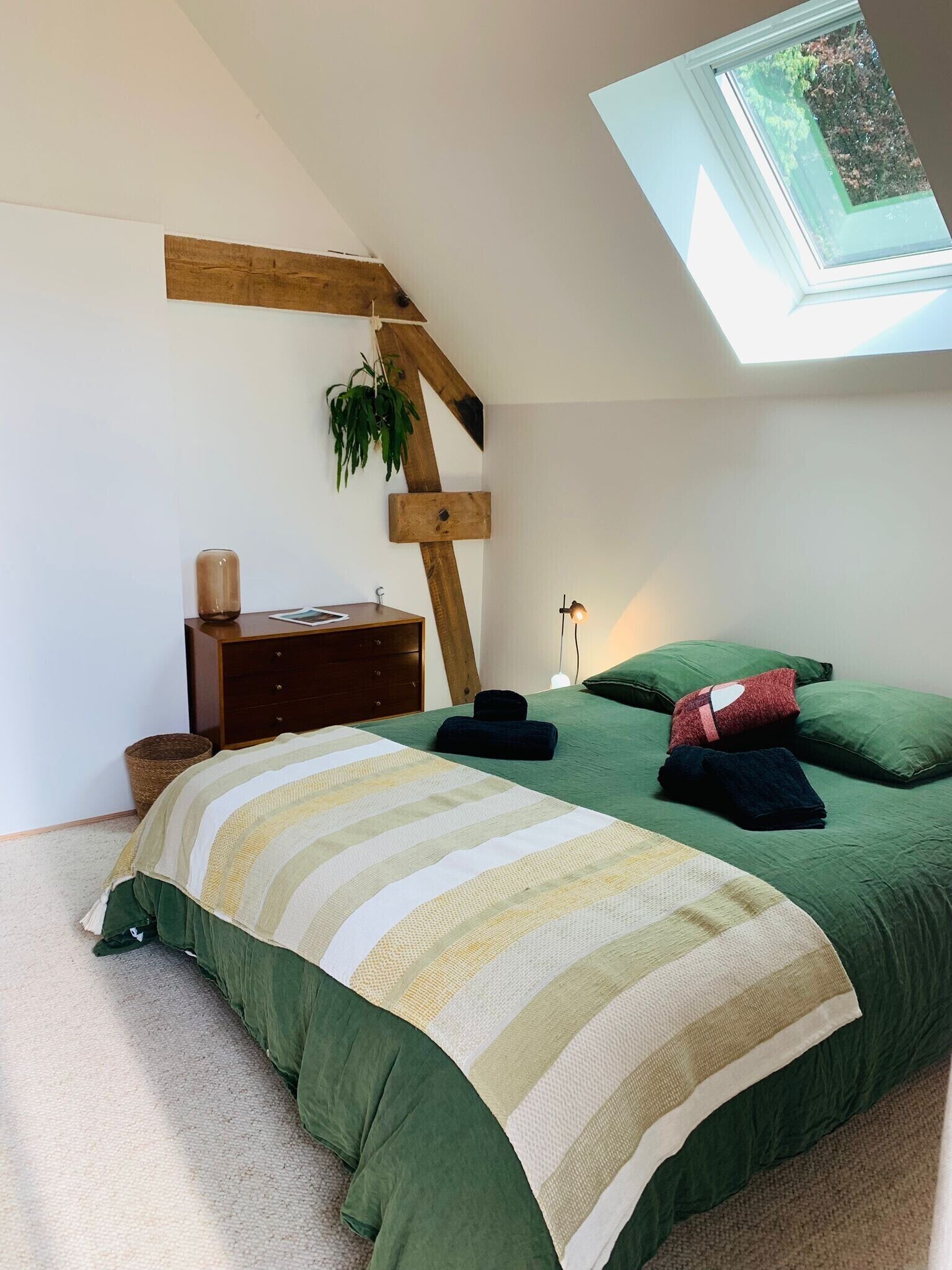 A bedroom with a sloped ceiling, a skylight, a bed with green bedding, a wooden dresser, and a hanging plant.
