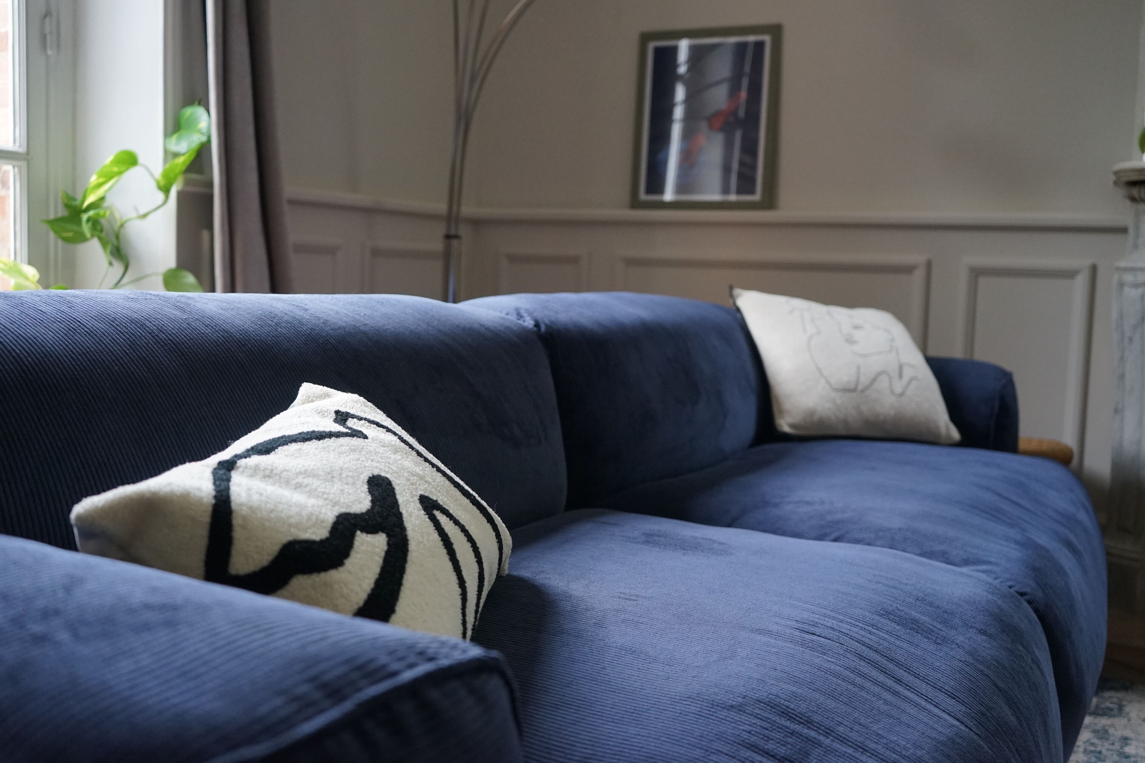 A blue sofa with patterned pillows in a room with a window, a plant, and a framed picture on the wall.