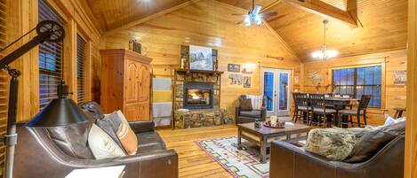 Smart TV, fireplace, DVD player, video library
