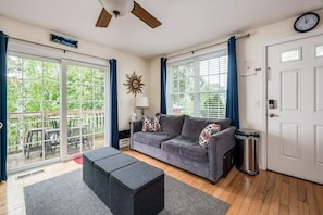 Smart TV, fireplace, books