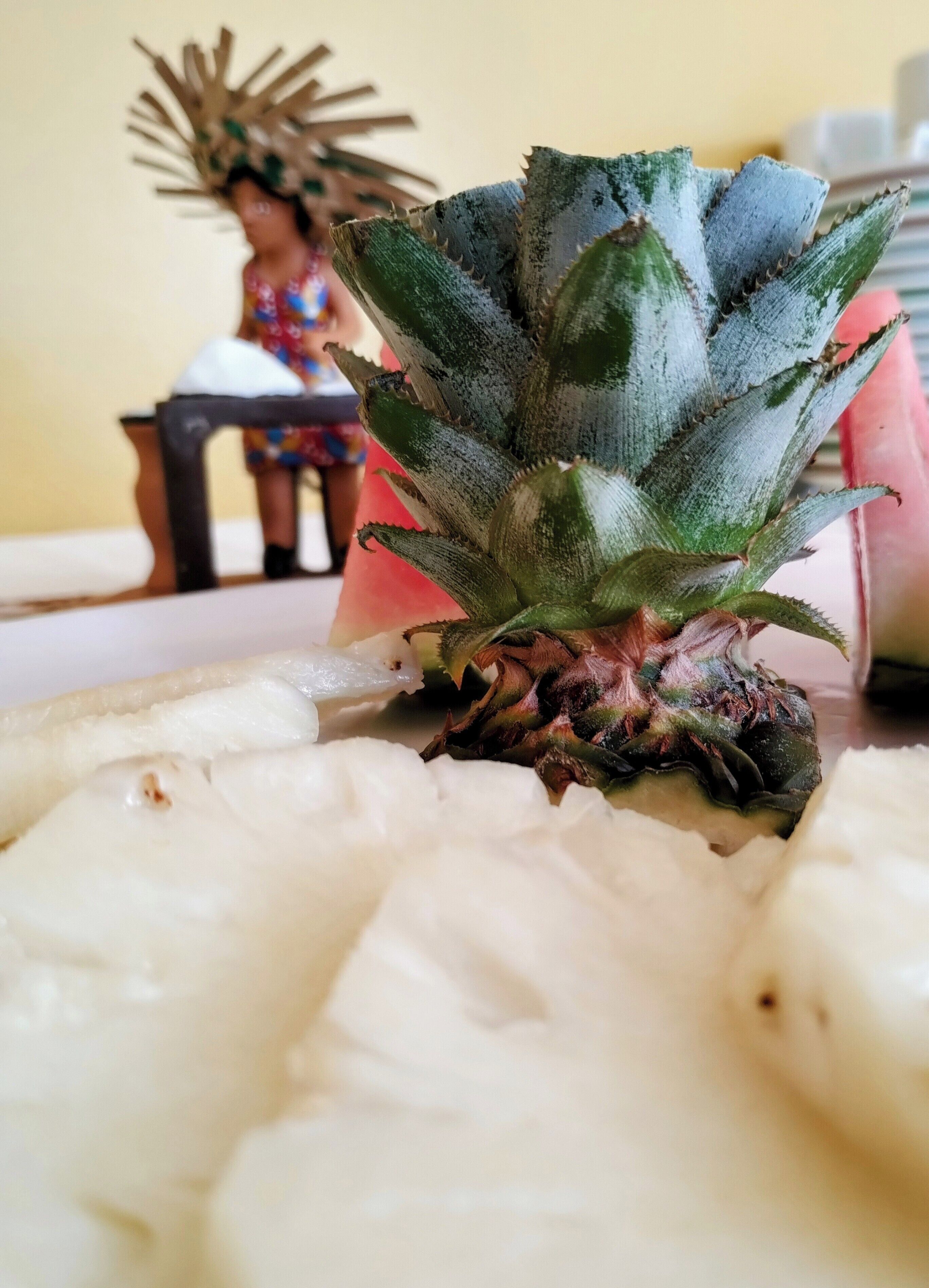 A close-up of a pineapple with a blurred background.