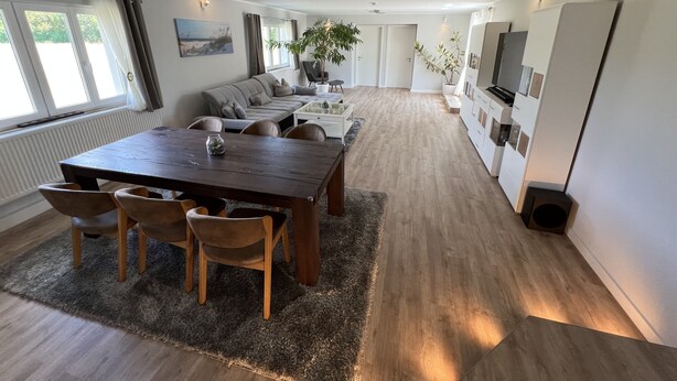 A modern living room with a wooden dining table, sofa, and chairs. There is a TV mounted on the wall and a plant in the corner.