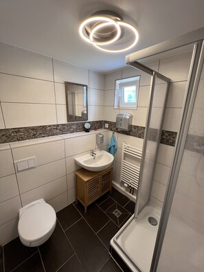 Shower, towels, toilet paper