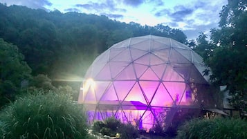 Una estructura en forma de domo geodésico, con un camino que lleva a ella, rodeada de vegetación.